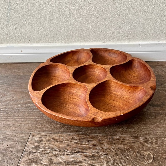 Vintage Teak Wood Lazy Susan Carousel Serving Bowl 12